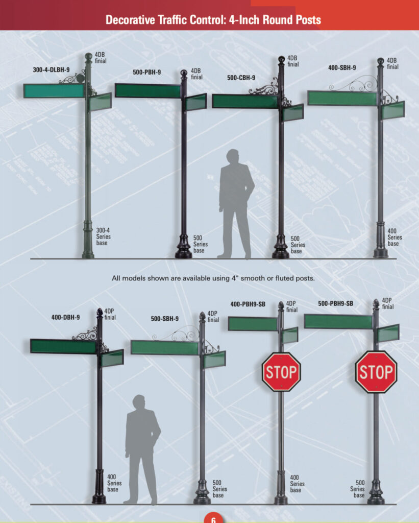 Diagram of standard HOA street sign assemblies showing post height, blade mounting height, and pedestrian/vehicle clear zones.