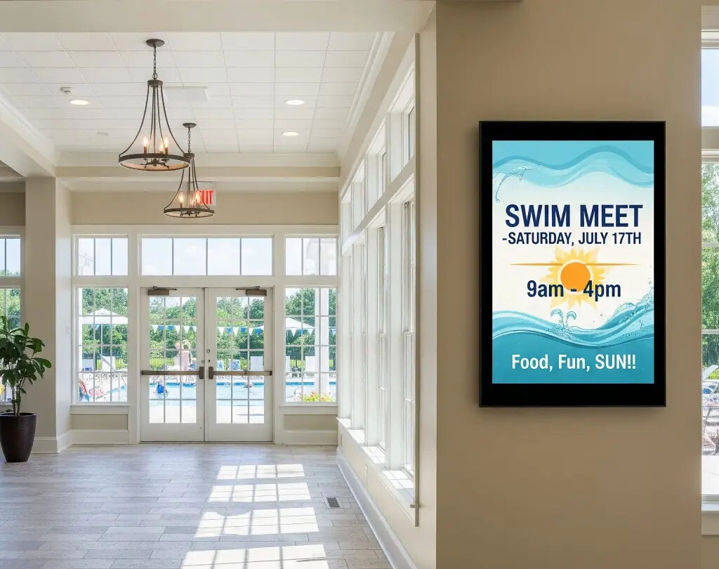Indoor digital bulletin board — swim-meet notice in HOA clubhouse lobby (Metro Atlanta)