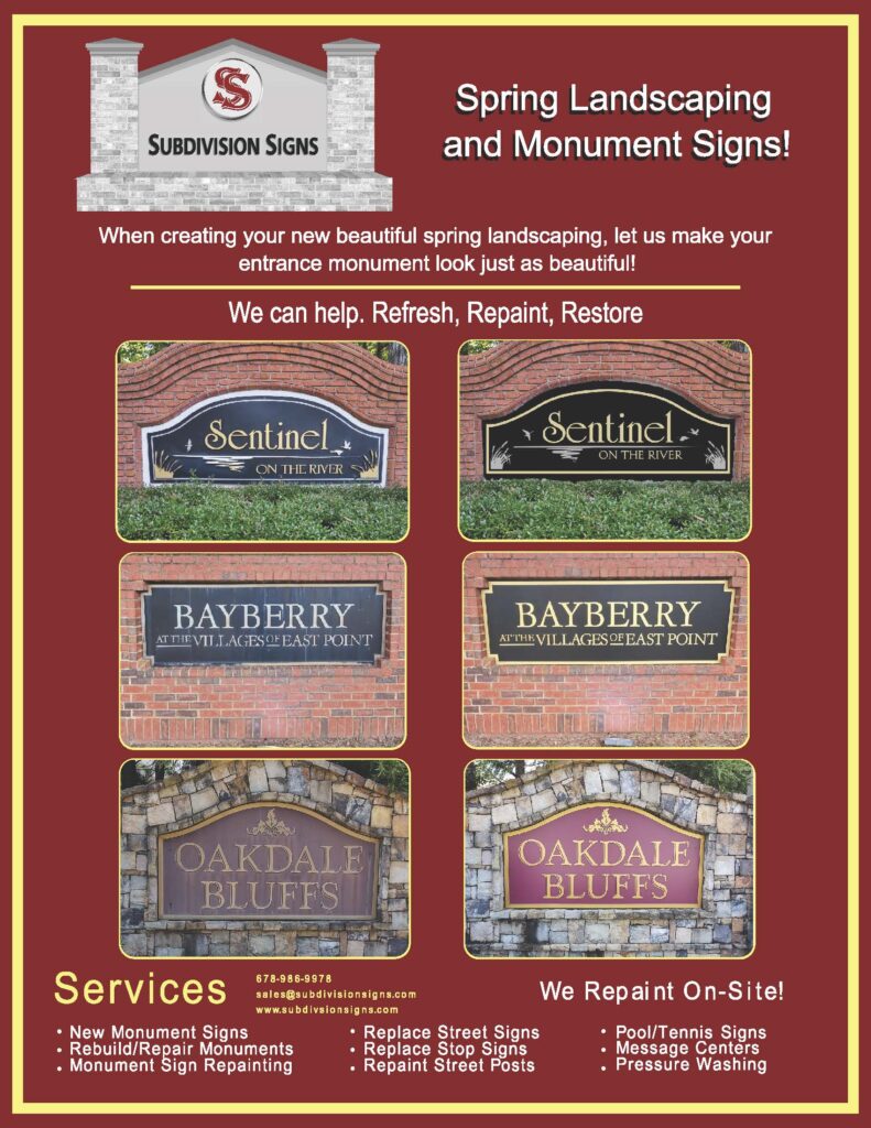 Subdivision Signs brochure — spring landscaping with monument sign repaint before/after for HOAs in Metro Atlanta