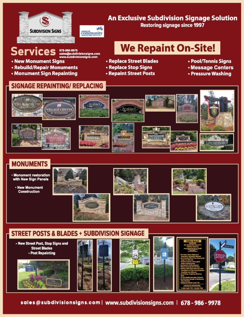 Subdivision Signs brochure — on-site repaint services with photo collage of monument and subdivision signage across Metro Atlanta