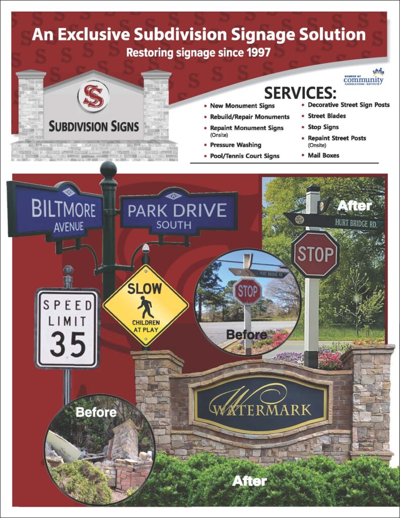 Subdivision Signs brochure — street signs and monument before/after examples for Metro Atlanta neighborhoods