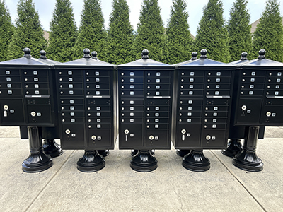 Row of black pedestal cluster mailboxes with decorative domed tops for a Georgia subdivision.