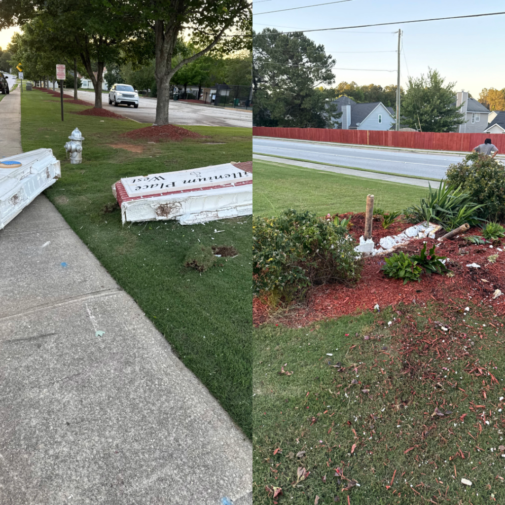 Monument Sign Destroyed by a car crash.