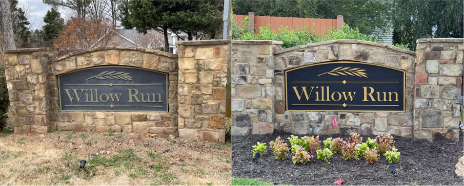 Before and after monument sign restoration for Willow Run, featuring a refreshed neighborhood entrance sign refreshed and a restored sign face.