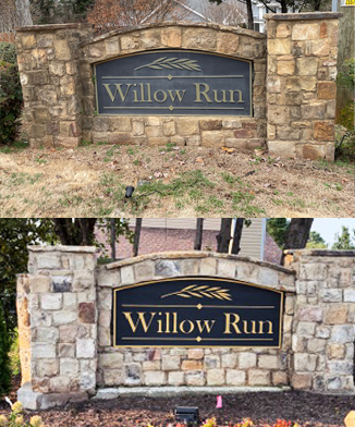 Before and after monument sign restoration for Willow Run, featuring a refreshed neighborhood entrance sign with updated landscaping and a restored sign face.