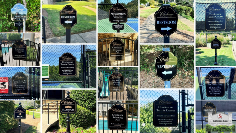 Collage of neighborhood residence-only signage for playground, pool, tennis courts, and other amenities in the Creekstone Estates subdivision, Cumming, Georgia