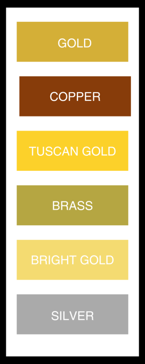 Metallic and specialty finishes for subdivision and HOA signs, including gold, copper, brass, silver, and Tuscan gold options used on monument and street signage in Marietta GA.